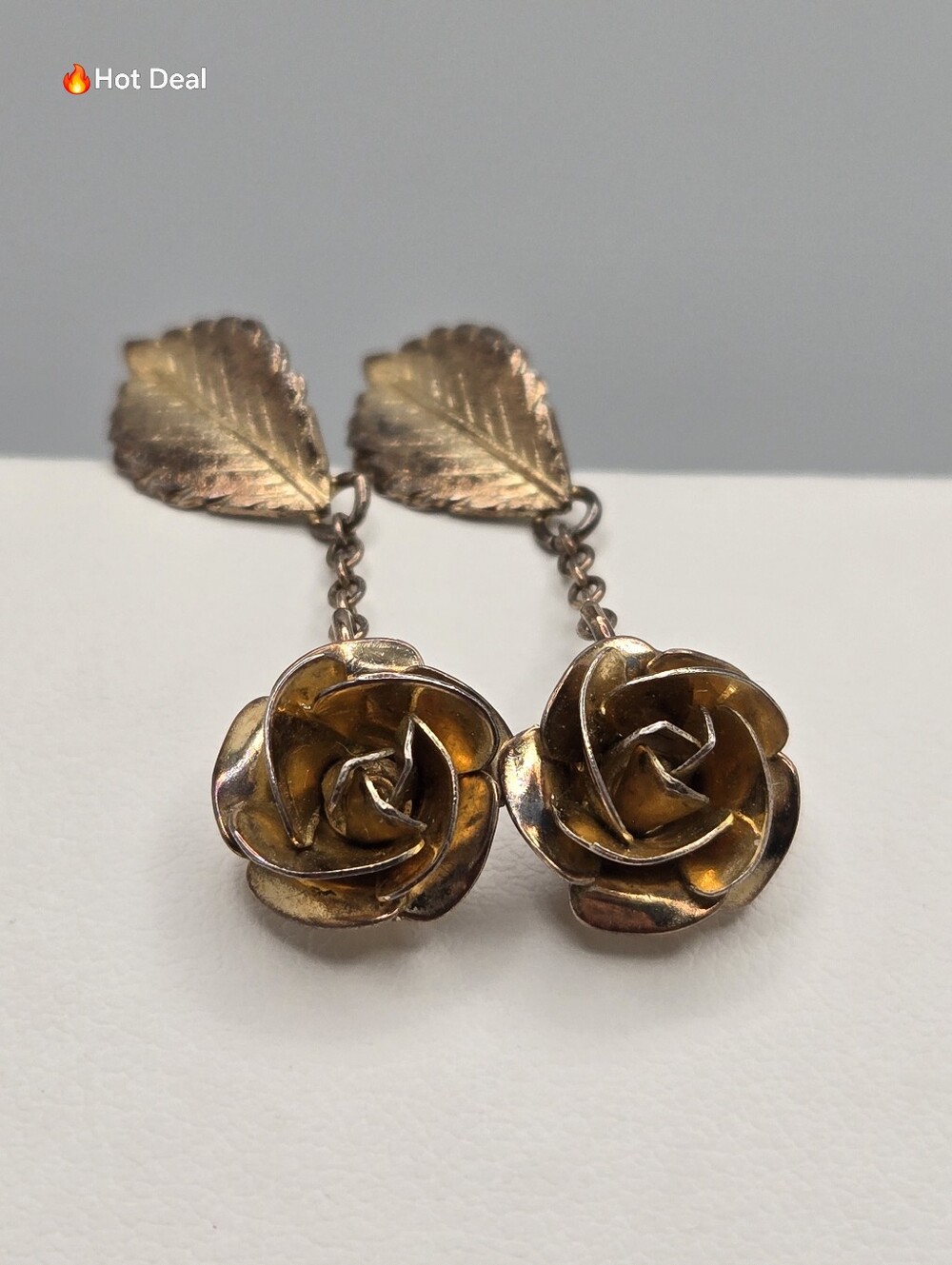 Bond Boyd Sterling Silver Gold Vermeil Rose Leaf Dangle Earrings Leaf 1.25"